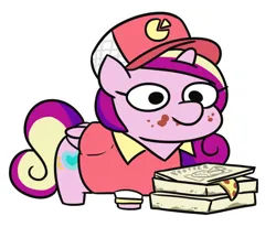 Size: 746x616 | Tagged: safe, artist:jargon scott, derpibooru import, princess cadance, alicorn, pony, cadance's pizza delivery, cap, female, food, hat, image, mare, peetzer, pizza, pizza box, png, simple background, solo, squatpony, that pony sure does love pizza, white background