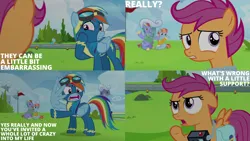 Size: 4400x2475 | Tagged: safe, derpibooru import, edit, edited screencap, editor:quoterific, screencap, bow hothoof, rainbow dash, scootaloo, windy whistles, parental glideance, image, png
