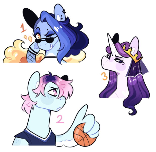 Size: 972x946 | Tagged: safe, artist:jaysey, derpibooru import, oc, unofficial characters only, pegasus, pony, unicorn, basketball, clothes, crown, image, jersey, jewelry, magical lesbian spawn, offspring, parent:prince blueblood, parent:rainbow dash, parent:sapphire shores, parent:twilight sparkle, parents:twiblood, png, regalia, simple background, sports, sunglasses, transparent background, trio, veil, wing hands, wings