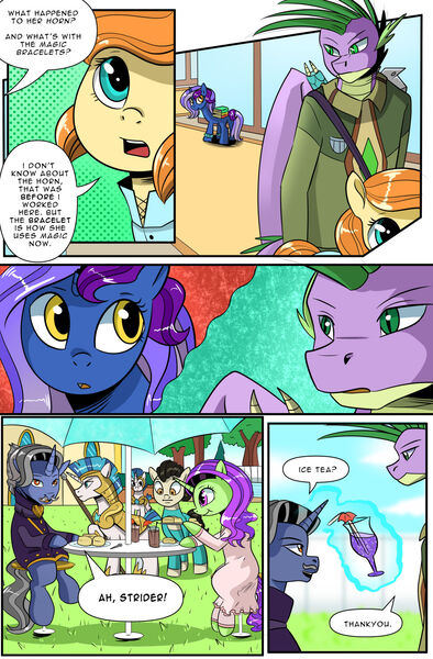 Size: 1280x1949 | Tagged: safe, artist:candyclumsy, derpibooru import, spike, oc, oc:nova sapphire, earth pony, pony, unicorn, comic:revolution of harmony, broken horn, drake, drink, duke, earth pony oc, female, horn, image, jpeg, male, mare, older, older spike, royal guard, stallion, unicorn oc