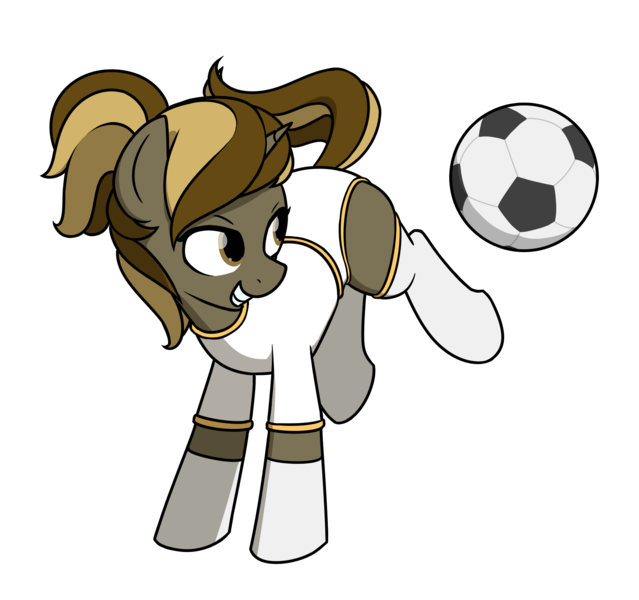 Size: 1768x1661 | Tagged: safe, artist:horsehiney, derpibooru import, oc, oc:skivvy, pony, unicorn, balls, bucking, clothes, cute, football, image, nudity, png, ponytail, simple background, smiling, socks, solo, sports, thigh highs, transparent background, uniform