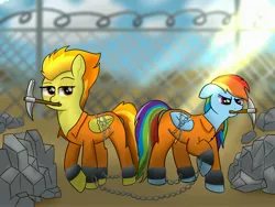 Size: 3200x2400 | Tagged: safe, artist:cobaltskies002, derpibooru import, rainbow dash, spitfire, chains, commission, commissioner:rainbowdash69, image, jpeg, never doubt rainbowdash69's involvement, pickaxe, prisoner, prisoner rd, rock