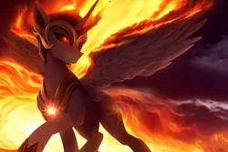 Size: 2112x1408 | Tagged: safe, derpibooru import, editor:mr-bat, machine learning generated, stable diffusion, daybreaker, alicorn, armor, breastplate, closed mouth, crown, feathered wings, fiery mane, fiery tail, fiery wings, fire, glow, glowing eyes, horn, image, jewelry, mane of fire, png, raised hoof, regalia, slim, smoke, solo, spread wings, white body, wings