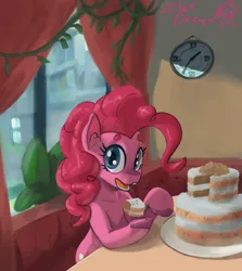 Size: 3644x4081 | Tagged: safe, artist:zlatdesign, derpibooru import, pinkie pie, earth pony, pony, cake, chest fluff, clock, curtains, ear fluff, eating, eyelashes, female, food, frosting, happy, happy face, hooves, image, looking at you, mare, open mouth, piece of cake, plant, png, restaurant, table, tasty, window