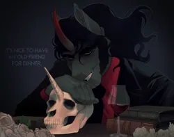 Size: 2048x1617 | Tagged: safe, artist:ghoulhowls, derpibooru import, king sombra, unicorn, alcohol, book, dialogue, flower, glass, image, implied cannibalism, jpeg, looking at you, rose, simple background, skull, smiling, smiling at you, wine, wine glass