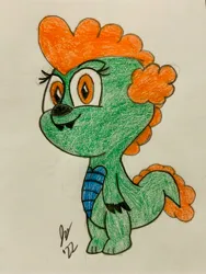 Size: 3024x4032 | Tagged: safe, artist:jesslmc16, derpibooru import, oc, oc:emziko, dragon, baby, baby dragon, bipedal, colored, colored pencil drawing, colored pencils, colored pupils, drawing, fangs, female, image, jpeg, my little pony, smiling, spikes, standing, talons, traditional art