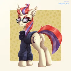 Size: 3000x3000 | Tagged: safe, artist:ingolf arts, derpibooru import, moondancer, pony, unicorn, the cutie re-mark, butt, clothes, cute, dancerbetes, dock, featureless crotch, female, glasses, high res, horn, image, looking at you, mare, plot, png, simple background, solo, stars, sweater, tail