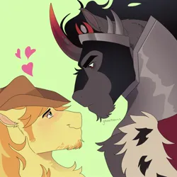 Size: 2000x2000 | Tagged: safe, artist:ghoulhowls, derpibooru import, braeburn, king sombra, earth pony, unicorn, braeburn's hat, crack shipping, gay, hat, heart, image, jewelry, jpeg, looking at each other, looking at someone, male, regalia, shipping, simple background