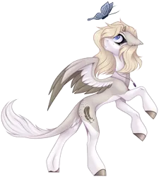 Size: 2562x2847 | Tagged: safe, artist:ouijaa, derpibooru import, oc, oc:tee, unofficial characters only, butterfly, demon, demon pony, insect, original species, pegasus, pony, :o, beautiful, blue eyes, coat markings, colored wings, cute, demon horns, ear piercing, earring, female, floppy ears, head turned, hooves, horns, image, jewelry, leonine tail, looking at something, looking back, looking up, mare, multicolored wings, necklace, ocbetes, open mouth, pale belly, partially open wings, pendant, piercing, png, raised hoof, rearing, slim, socks (coat marking), solo focus, tail, tail fluff, thin, unshorn fetlocks, wings