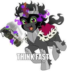 Size: 1542x1638 | Tagged: safe, artist:ghoulhowls, derpibooru import, king sombra, pony, unicorn, armor, cape, caption, clothes, dark magic, flash bang, grenade, image, image macro, impact font, jewelry, jpeg, magic, male, meme, regalia, simple background, solo, solo male, sombra eyes, text