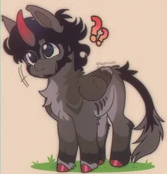 Size: 1596x1658 | Tagged: safe, artist:ghoulhowls, derpibooru import, oc, oc:somber(ghoulhowls), alicorn, chibi, colored hooves, colored horn, curved horn, horn, image, jpeg, long tail, male, patterned background, question mark, solo, sombra horn, tail