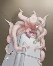 Size: 3000x3734 | Tagged: safe, artist:pepperoach, derpibooru import, blossomforth, fanfic:blossomthing, body horror, carnivore, eldritch abomination, embarrassed, image, png, shapeshifter, tentacles
