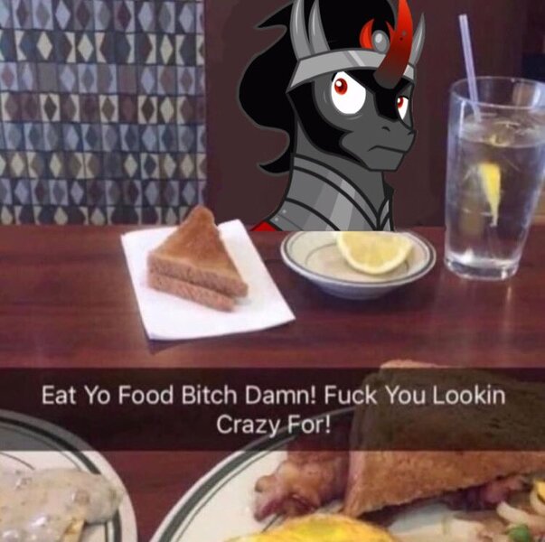 Size: 750x746 | Tagged: safe, artist:ghoulhowls, derpibooru import, king sombra, pony, unicorn, breakfast, caption, edited meme, edited photo, food, glasses, image, image macro, irl, jpeg, juice, lemon, lemonade, looking crazy, meme, photo, plate, ponies in real life, ponified meme, sandwich, table, text, vulgar