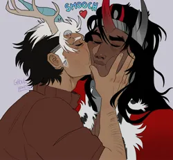 Size: 2048x1893 | Tagged: suggestive, artist:ghoulhowls, derpibooru import, discord, king sombra, human, cape, clothes, crack shipping, eyes closed, gay, heart, humanized, image, jewelry, jpeg, kissing, male, onomatopoeia, regalia, shipping, shirt, sombracord