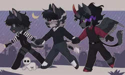 Size: 2048x1240 | Tagged: safe, artist:ghoulhowls, derpibooru import, oc, oc:somber(ghoulhowls), unofficial characters only, anthro, anthro oc, clothes, colored hooves, colored horn, curved horn, female, flashlight (object), holding hands, horn, image, jpeg, long tail, male, males only, shipping, shirt, sombra eyes, sombra horn, straight, tail, torch