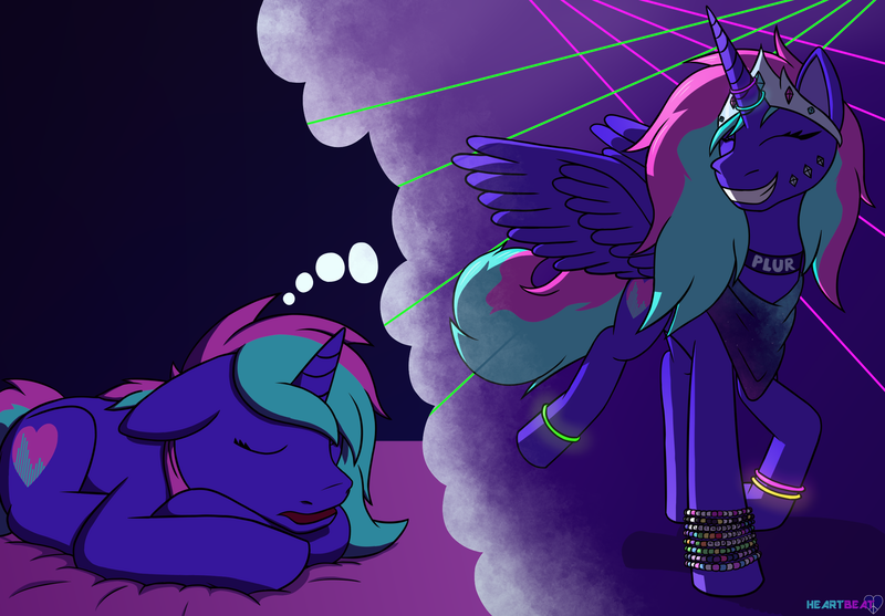 Size: 2300x1600 | Tagged: safe, derpibooru import, oc, alicorn, unicorn, dancing, dream, eyes closed, glowstick, image, night, party, png, rave, sleeping