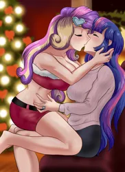 Size: 1487x2048 | Tagged: suggestive, artist:thebrokencog, derpibooru import, princess cadance, sci-twi, twilight sparkle, human, equestria girls, breasts, busty princess cadance, busty sci-twi, busty twilight sparkle, christmas, clothes, commission, couch, couple, dean cadance, duo, duo female, eyes closed, fanfic art, female, females only, festive, hands on belly, hands on head, holiday, image, in love, jewelry, kissing, lesbian, lingerie, married couple, png, ring, romance, romantic, scitwidance, shipping, shorts, sitting on lap, sports shorts, sweater, toned, toned female, twidance, wedding ring