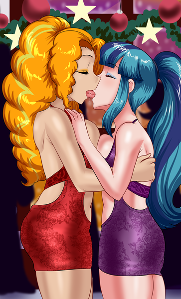 Size: 1240x2048 | Tagged: suggestive, artist:thebrokencog, derpibooru import, adagio dazzle, sonata dusk, human, equestria girls, belly, belly button, big breasts, breasts, busty adagio dazzle, busty sonata dusk, christmas, clothes, commission, drool, duo, duo female, eyes closed, eyeshadow, female, females only, french kiss, hands behind back, hands on breasts, holiday, image, kissing, lesbian, lingerie, makeup, party, png, sexy, shipping, sinfully sexy, sloppy kissing, sonagio, stupid sexy adagio dazzle, stupid sexy sonata dusk, tongue play