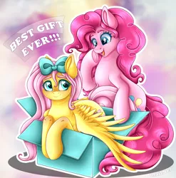 Size: 5000x5058 | Tagged: safe, artist:mailner, derpibooru import, fluttershy, pinkie pie, earth pony, pegasus, pony, absurd resolution, bow, box, cute, duo, excited, female, heart, heart eyes, holiday, image, looking at each other, looking at someone, looking back, png, present, simple background, smiling, spread wings, starry eyes, wingding eyes, wings