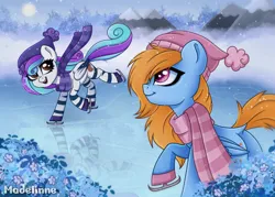 Size: 2616x1875 | Tagged: safe, artist:madelinne, derpibooru import, oc, unofficial characters only, pegasus, pony, clothes, commission, duo, hat, image, png, scarf, skating, snow, winter, ych result