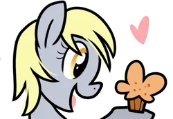 Size: 597x414 | Tagged: safe, artist:paperbagpony, derpibooru import, derpy hooves, floating heart, food, heart, image, muffin, png, simple background, white background