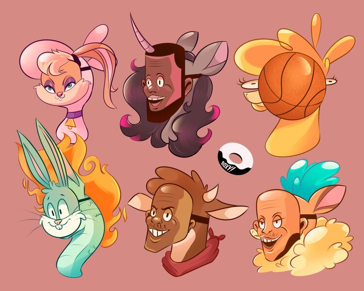 Size: 4096x3277 | Tagged: safe, artist:poxy_boxy, derpibooru import, oleander (tfh), velvet reindeer, alpaca, cow, deer, dragon, hybrid, longma, reindeer, sheep, unicorn, them's fightin' herds, arizona (tfh), basketball, brown background, bugs bunny, bust, community related, female, image, jpeg, lamb, lebron james, lola bunny, mask, paprika (tfh), pom (tfh), simple background, space jam, sports, tianhuo (tfh)