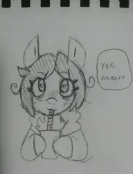 Size: 2442x3178 | Tagged: artist needed, safe, derpibooru import, oc, oc:floor bored, unofficial characters only, earth pony, pony, /mlp/, clothes, cup, dialogue, drink, drinking, drinking straw, female, grayscale, heart, heart eyes, hoodie, image, implied anon, jpeg, looking at you, mare, monochrome, speech bubble, traditional art, wingding eyes