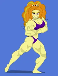 Size: 2523x3333 | Tagged: suggestive, artist:matchstickman, derpibooru import, adagio dazzle, human, equestria girls, acardio dazzle, barefoot, blue background, bodybuilder, clothes, feet, female, high res, image, looking at you, muscles, muscular female, panties, png, purple bra, purple panties, simple background, smiling, solo, solo female, underwear