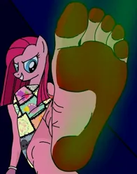 Size: 600x767 | Tagged: semi-grimdark, suggestive, artist:angelwingz, derpibooru import, pinkie pie, anthro, plantigrade anthro, fanfic:cupcakes, blood, bloody, clothes, crush fetish, crushing, cutie mark, cutie mark on clothes, evil grin, feet, fetish, foot fetish, foot focus, grin, image, imminent death, jpeg, looking at you, offscreen character, pinkamena diane pie, pov, smelly, smelly feet, smiling, smiling at you, stinky feet, visible stench