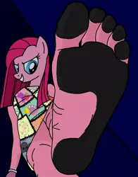 Size: 600x767 | Tagged: suggestive, derpibooru import, pinkie pie, anthro, fanfic:cupcakes, barefoot, crush fetish, crushing, dirt, dirty, dirty feet, evil grin, feet, fetish, foot fetish, foot focus, grin, image, imminent crushing, imminent death, jpeg, looking at you, offscreen character, pinkamena diane pie, pov, smiling, smiling at you, soles