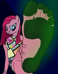 Size: 600x767 | Tagged: suggestive, derpibooru import, pinkie pie, anthro, fanfic:cupcakes, barefoot, crush fetish, crushing, dirt, dirty, dirty feet, evil grin, feet, fetish, foot fetish, foot focus, grin, image, imminent crushing, imminent death, jpeg, looking at you, offscreen character, pinkamena diane pie, pov, smelly, smelly feet, smiling, smiling at you, stinky feet