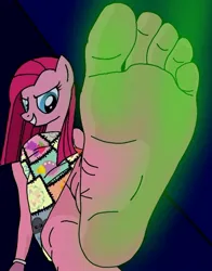Size: 600x767 | Tagged: suggestive, artist:angelwingz, derpibooru import, pinkie pie, fanfic:cupcakes, crush fetish, crushing, evil grin, feet, fetish, grin, image, imminent crushing, jpeg, looking at you, offscreen character, pinkamena diane pie, pov, smelly, smelly feet, smiling, smiling at you, soles, stinky feet, visible stench