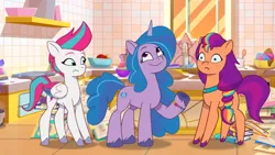 Size: 3072x1727 | Tagged: safe, derpibooru import, screencap, izzy moonbow, sunny starscout, zipp storm, earth pony, pegasus, pony, unicorn, my little pony: tell your tale, spoiler:g5, spoiler:my little pony: tell your tale, spoiler:tyts01e38, female, foal food, frown, g5, high res, image, jpeg, mare, shrunken pupils, smiling, trio, trio female, youtube link