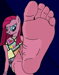 Size: 600x767 | Tagged: suggestive, artist:angelwingz, derpibooru import, pinkie pie, fanfic:cupcakes, crush fetish, crushing, evil grin, feet, fetish, foot fetish, foot focus, grin, image, imminent crushing, jpeg, looking at you, offscreen character, pinkamena diane pie, pov, smiling, smiling at you, soles