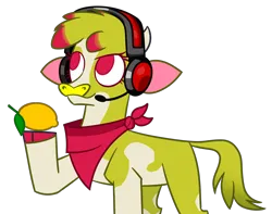 Size: 1560x1230 | Tagged: safe, artist:nonameorous, derpibooru import, oc, cow, them's fightin' herds, clothes, community related, food, headset, headset mic, hoof hold, image, lemon, looking up, png, raised hoof, scarf, simple background, solo, standing, transparent background