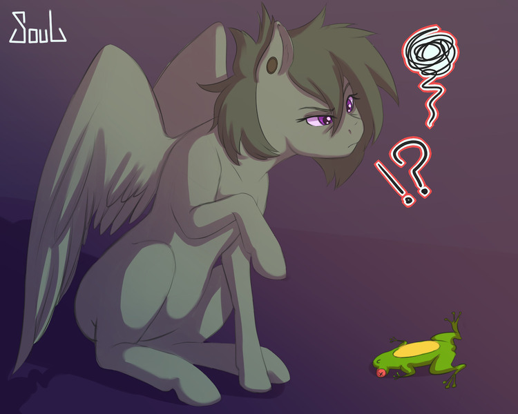 Size: 1280x1024 | Tagged: safe, artist:souladdicted, derpibooru import, oc, frog, pegasus, pony, behaving like a cat, confused, ear piercing, exclamation point, image, interrobang, jpeg, piercing, question mark, sitting, x eyes