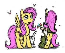 Size: 1254x1022 | Tagged: safe, artist:dreadlime, derpibooru import, angel bunny, fluttershy, oc, oc:ivy, hybrid, pegasus, satyr, chaos, flower, image, nurgling, parent:fluttershy, png, simple background, warhammer (game), warhammer fantasy, white background