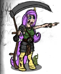 Size: 1011x1227 | Tagged: safe, artist:dreadlime, derpibooru import, oc, oc:ivy, hybrid, satyr, armor, champion of nurgle, image, nurgle, nurgling, parent:fluttershy, png, pointing, scythe, warhammer (game), warhammer 40k, warhammer fantasy