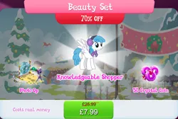 Size: 1268x853 | Tagged: safe, derpibooru import, official, lightning bolt, white lightning, pegasus, pony, bundle, bush, camera, cardboard cutout, clothes, costs real money, earmuffs, english, female, flower, gameloft, image, jpeg, mare, numbers, sale, scarf, solo, solo focus, spread wings, text, wings