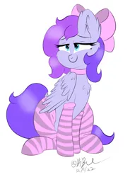 Size: 2521x3433 | Tagged: safe, artist:lunastaralight, derpibooru import, oc, unofficial characters only, pegasus, pony, bow, chest fluff, clothes, hair bow, image, png, simple background, socks, solo, striped socks, white background