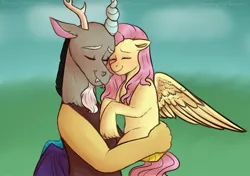 Size: 2247x1583 | Tagged: safe, artist:violetpony11, derpibooru import, discord, fluttershy, draconequus, pegasus, pony, blushing, discoshy, doodle, eyes closed, female, grass, holding a pony, horn, hug, image, jpeg, male, mare, shipping, straight