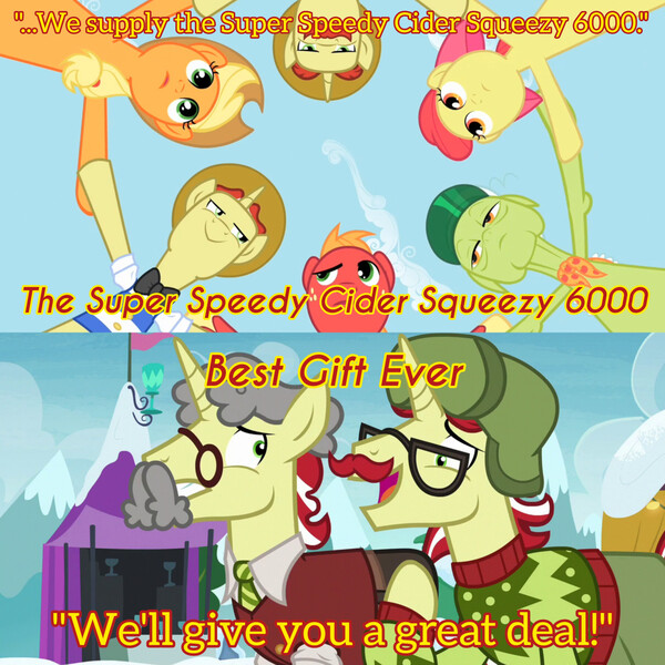 Size: 3072x3072 | Tagged: safe, derpibooru import, edit, edited screencap, editor:itsmgh1203, screencap, apple bloom, applejack, big macintosh, flam, flim, granny smith, earth pony, pony, unicorn, best gift ever, season 2, the super speedy cider squeezy 6000, apple bloom's bow, applejack's hat, bow, brothers, cowboy hat, female, filly, flim flam brothers, foal, hair bow, hat, image, jpeg, male, mare, open mouth, open smile, siblings, smiling, stallion, text