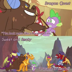 Size: 3072x3072 | Tagged: safe, derpibooru import, edit, edited screencap, editor:itsmgh1203, screencap, clump, fume, garble, smolder, spear (dragon), spike, dragon, dragon quest, season 2, season 9, sweet and smoky, spoiler:s09, female, grin, image, jpeg, lip bite, male, open mouth, open smile, smiling, text, winged spike, wings
