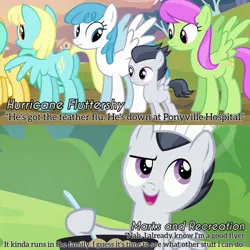 Size: 3072x3072 | Tagged: safe, derpibooru import, edit, edited screencap, editor:itsmgh1203, screencap, rumble, pegasus, pony, hurricane fluttershy, marks and recreation, season 2, season 7, butt, chef's hat, colt, female, foal, hat, image, jpeg, male, mare, open mouth, open smile, plot, smiling, spoon, spread wings, text, wings