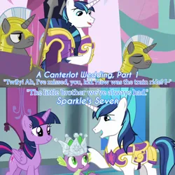 Size: 3072x3072 | Tagged: safe, derpibooru import, edit, edited screencap, editor:itsmgh1203, screencap, shining armor, spike, twilight sparkle, twilight sparkle (alicorn), alicorn, dragon, pony, unicorn, a canterlot wedding, season 2, season 9, sparkle's seven, spoiler:s09, crown, eyes closed, female, hard-won helm of the sibling supreme, image, jewelry, jpeg, male, mare, open mouth, open smile, regalia, royal guard, smiling, stallion, text, unicorn royal guard, winged spike, wings