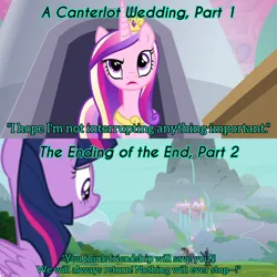 Size: 3072x3072 | Tagged: safe, derpibooru import, edit, edited screencap, editor:itsmgh1203, screencap, cozy glow, lord tirek, princess cadance, queen chrysalis, twilight sparkle, twilight sparkle (alicorn), alicorn, centaur, pegasus, pony, taur, a canterlot wedding, season 2, season 9, the ending of the end, spoiler:s09, crown, disguise, female, filly, flying, foal, image, jewelry, jpeg, looking up, male, mare, nose in the air, open mouth, regalia, spread wings, text, wings