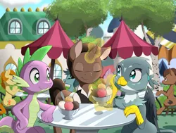 Size: 5300x4000 | Tagged: safe, artist:navanastra, derpibooru import, gabby, spike, dragon, gryphon, pony, unicorn, date, fangs, female, food, glow, glowing horn, horn, ice cream, image, jpeg, magic, magic aura, male, outdoors, restaurant, shipping, smiling, spabby, stallion, straight, table, telekinesis, umbrella