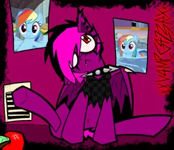 Size: 1084x933 | Tagged: safe, artist:xxv4mp_g4z3rxx, derpibooru import, rainbow dash, oc, oc:violet valium, unofficial characters only, bat pony, pony, apple, bat pony oc, bat wings, clothes, collar, dilated pupils, emo, food, hoodie, image, looking up, png, red eyes, solo, spiked collar, spread wings, wings