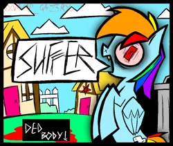 Size: 1940x1634 | Tagged: semi-grimdark, artist:xxv4mp_g4z3rxx, derpibooru import, rainbow dash, pegasus, pony, bush, cloud, door, fangs, fence, folded wings, house, image, pentagram, png, red eyes, red sclera, solo, speech bubble, trash can, window, wings