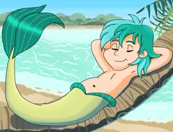 Size: 1089x830 | Tagged: safe, artist:ocean lover, derpibooru import, sandbar, human, merboy, mermaid, merman, arm behind head, beach, belly, belly button, blue sky, chest, cute, eyes closed, fins, handsome, hill, human coloration, humanized, image, island, lying down, male, mermanized, ocean, palm tree, png, raised tail, relaxing, resting, sand, shadow, sky, sleeping, smiling, solo, species swap, tail, tail fin, teenager, tree, tropical, water, wave